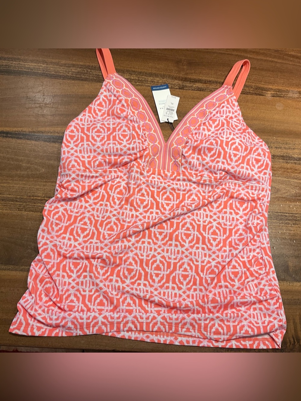 Cabana Life Amelia Island Embroidered Tankini Top in Coral Lattice.